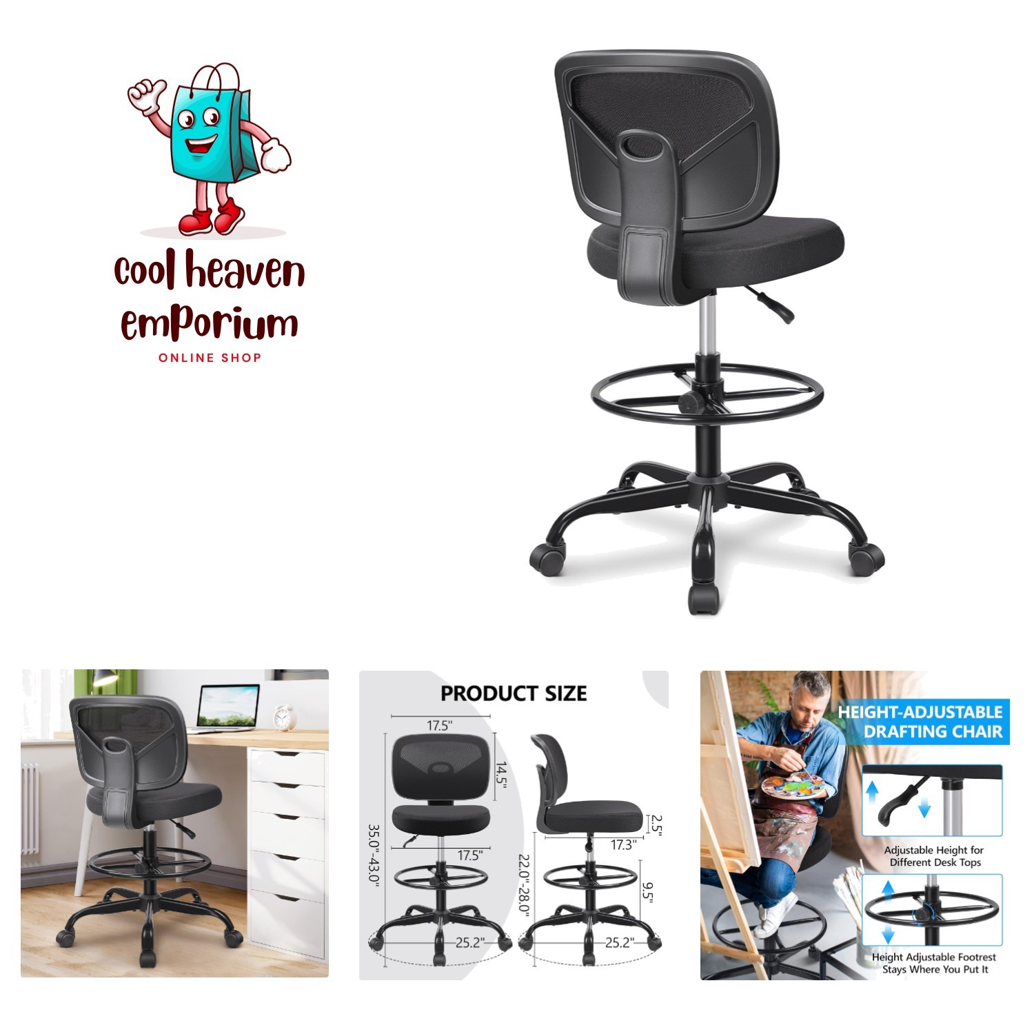 Ergonomic Tall Drafting Desk Chair - Adjustable Height, Breathable Mesh, Armless
