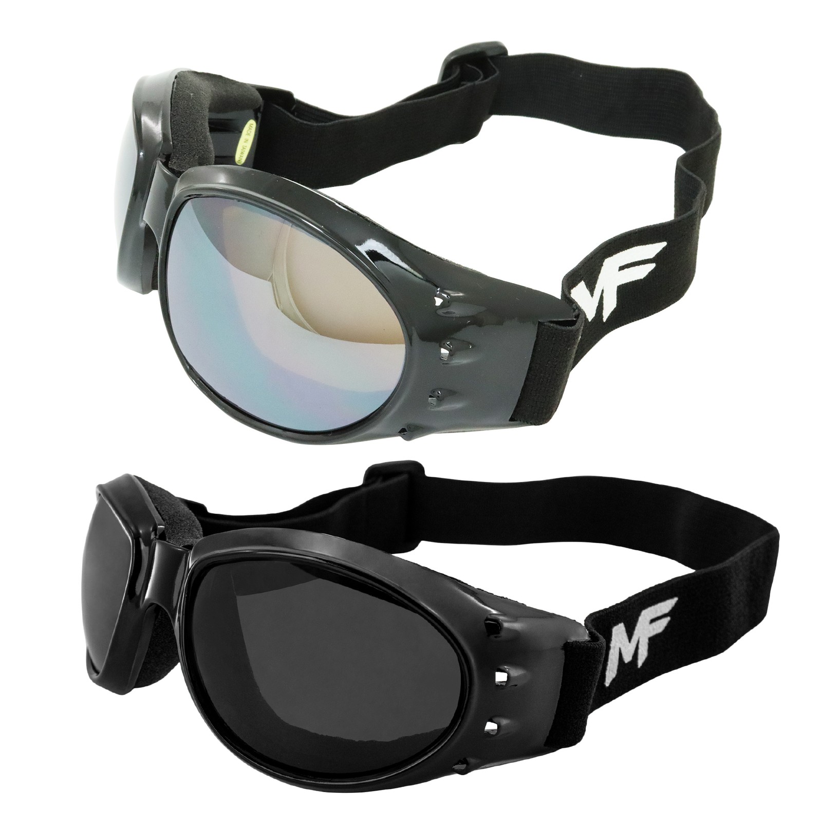 2 Moto MF Vulcan Motorcycle Goggles Black Frame Driving Mirror & Polarized Smoke