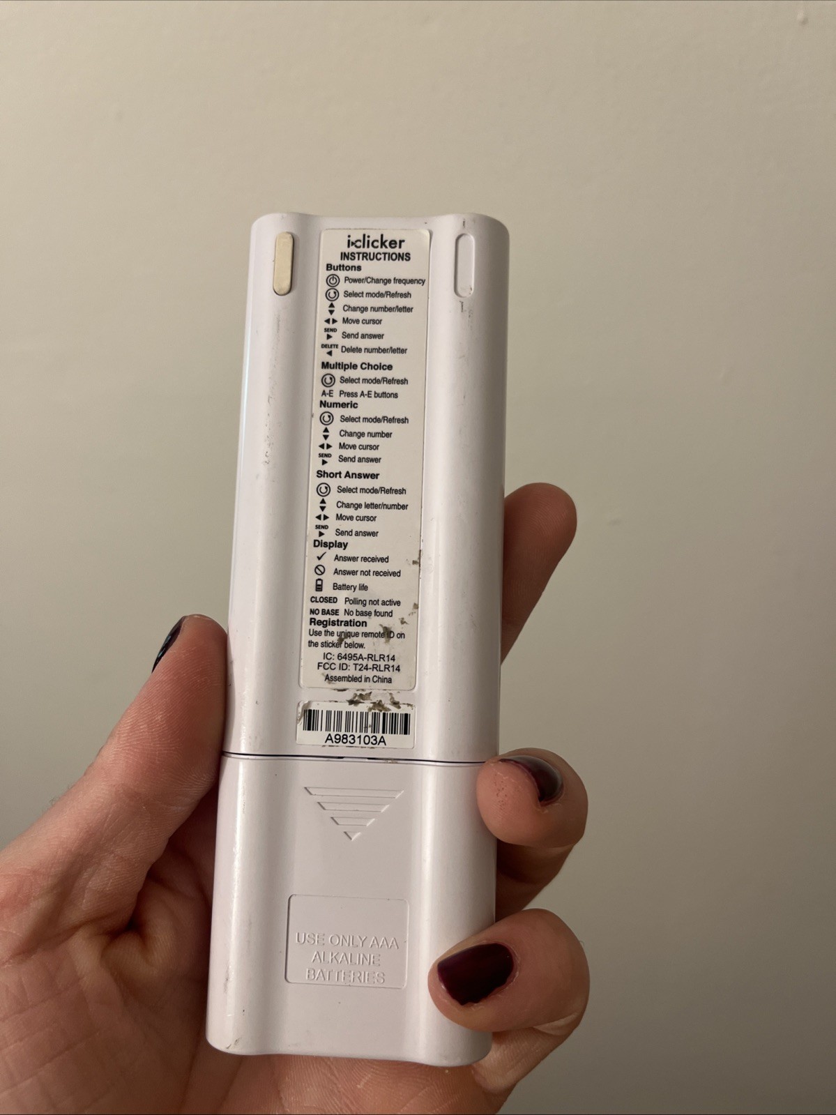 I-Clicker 2 Student Classroom Response Remote Control White With Batteries