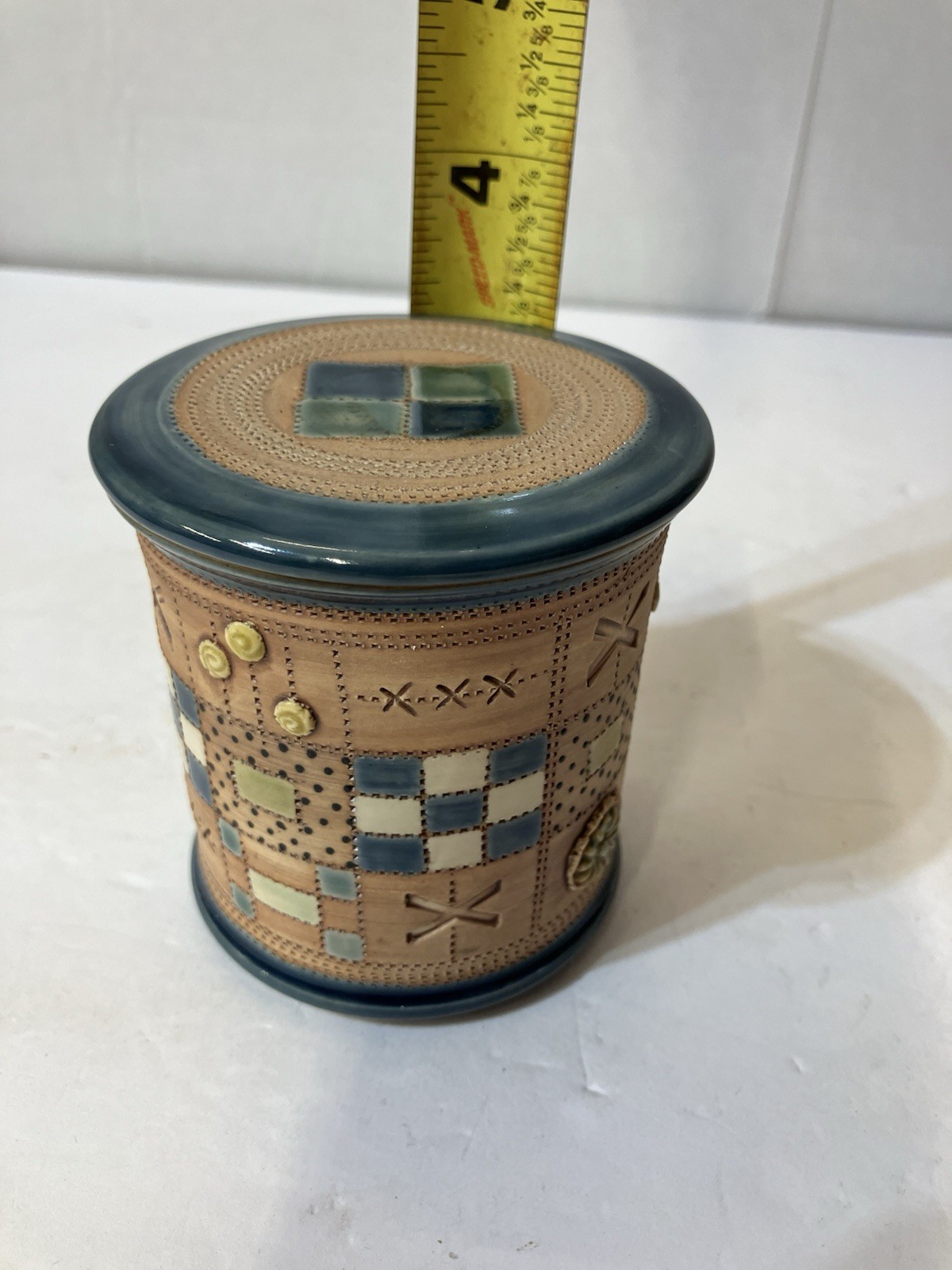 Glazed Pottery Trinket Box With Quilted Pattern