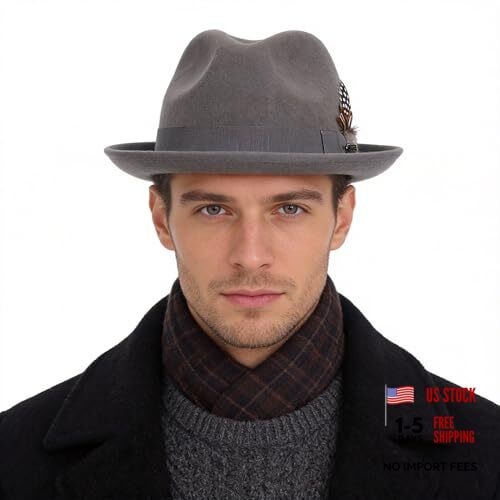 Wool Fedora Hats for Men Women Wide Brim Felt Panama Hat Large Feather-grey