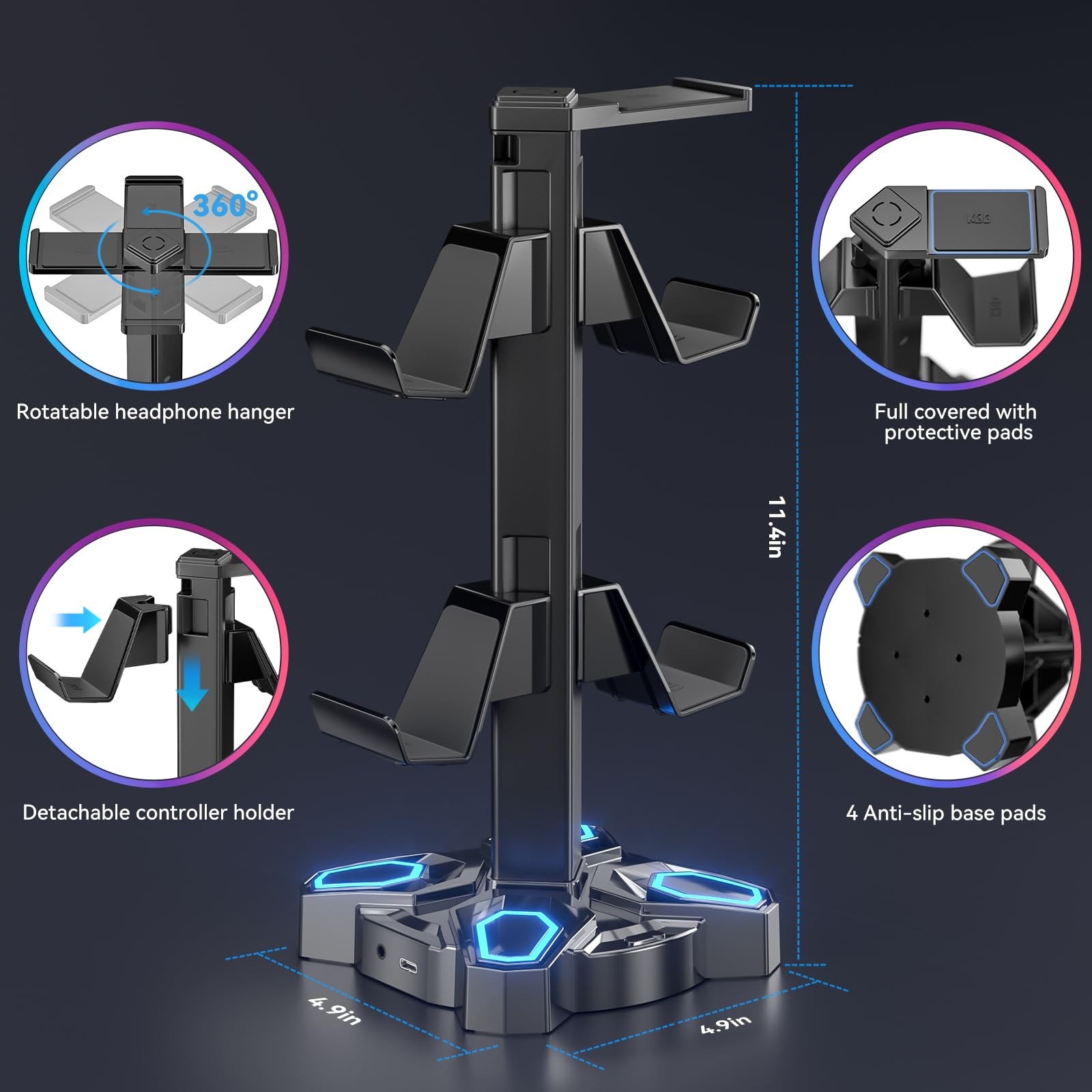 KDD Gaming Headphones Stand, Rotatable Headset Stand with Light Modes - Black