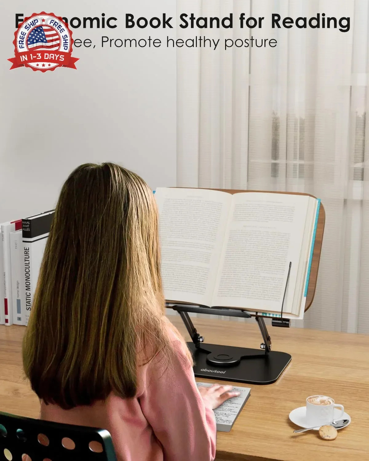 Book Stand for Reading, Adjustable Book Holder with 360° Swivel Base &