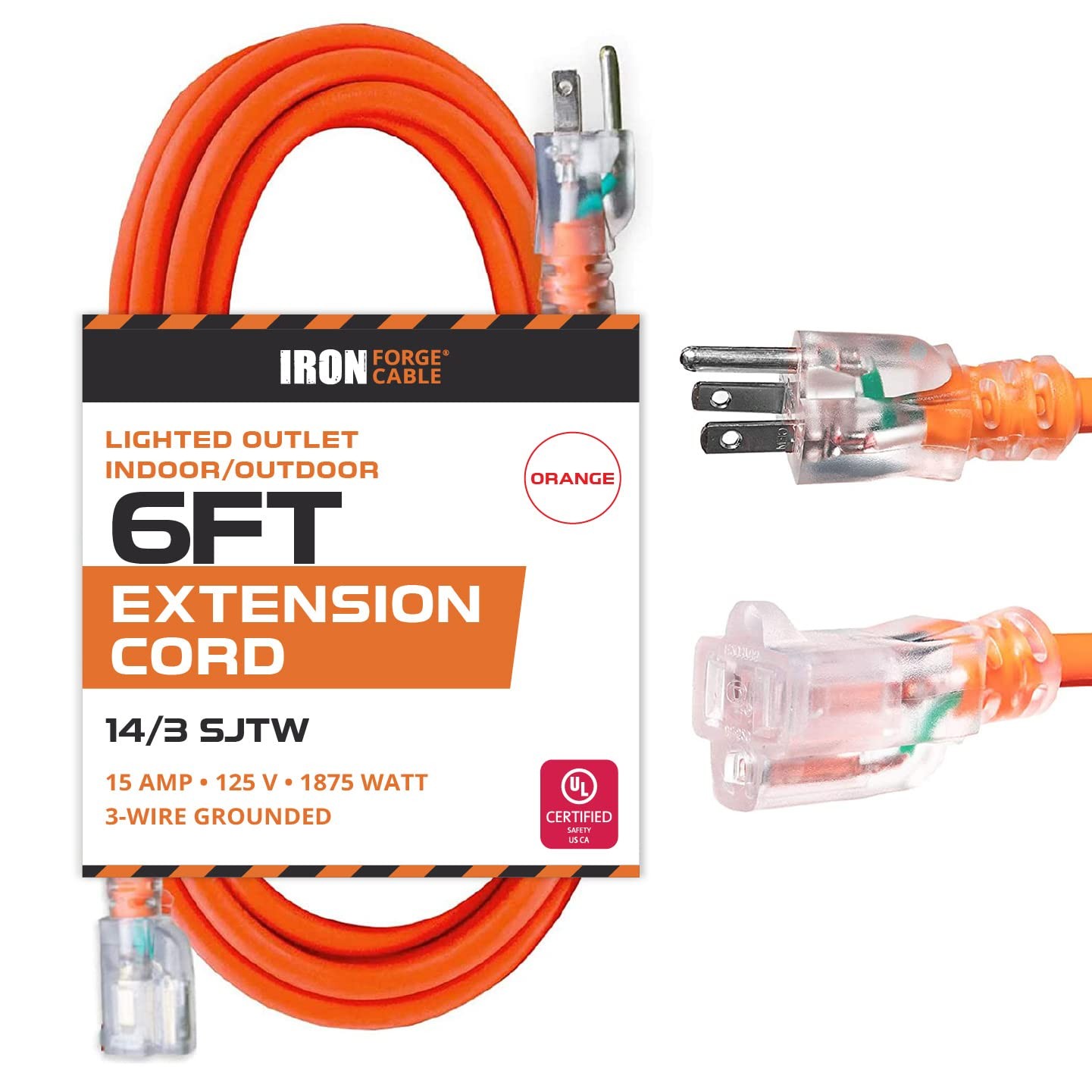 6Ft Outdoor Extension Cord, Lighted - 4/3 SJTW Heavy Duty Orange Extension Cable