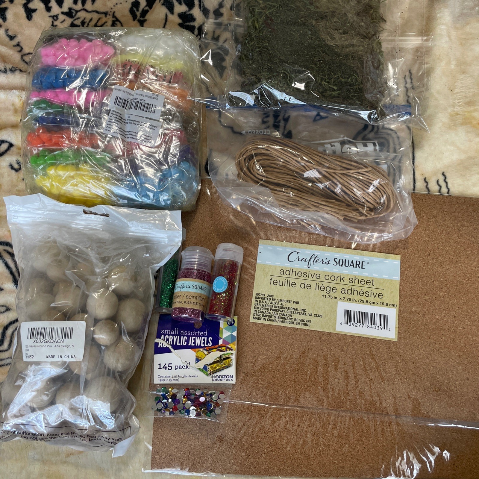 Large Assortment Of Craft Supplies Glitter Pom Poms Floral Moss Jewels