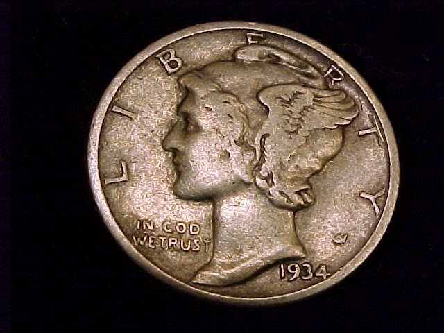 1934-P  Mercury Dime, Very Fine Grade.