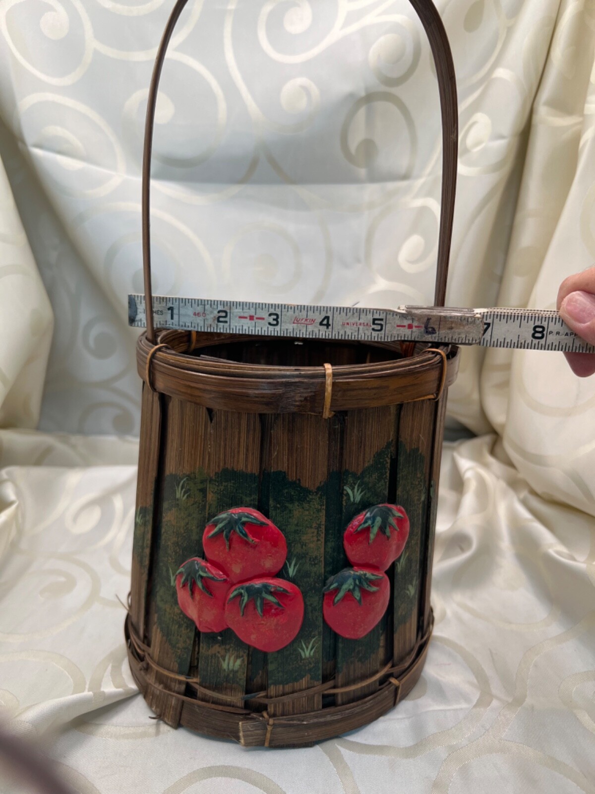Vintage basket with tall handle hand painted tomatoes