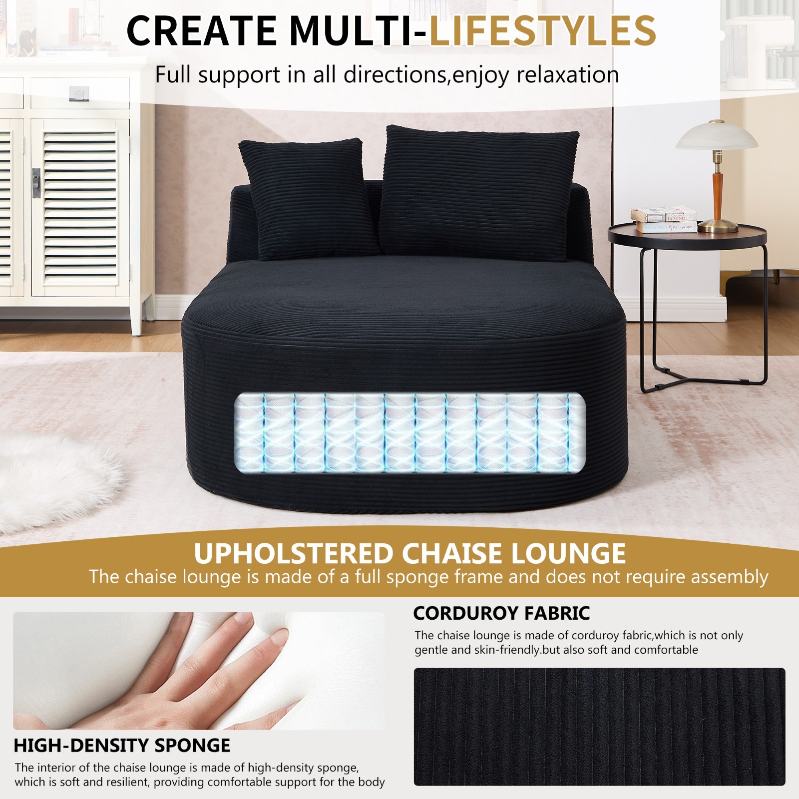 67.5''Chaise Lounge Chair 46'' Wide Seat Indoor Corduroy Oversized Sleeper Sofa