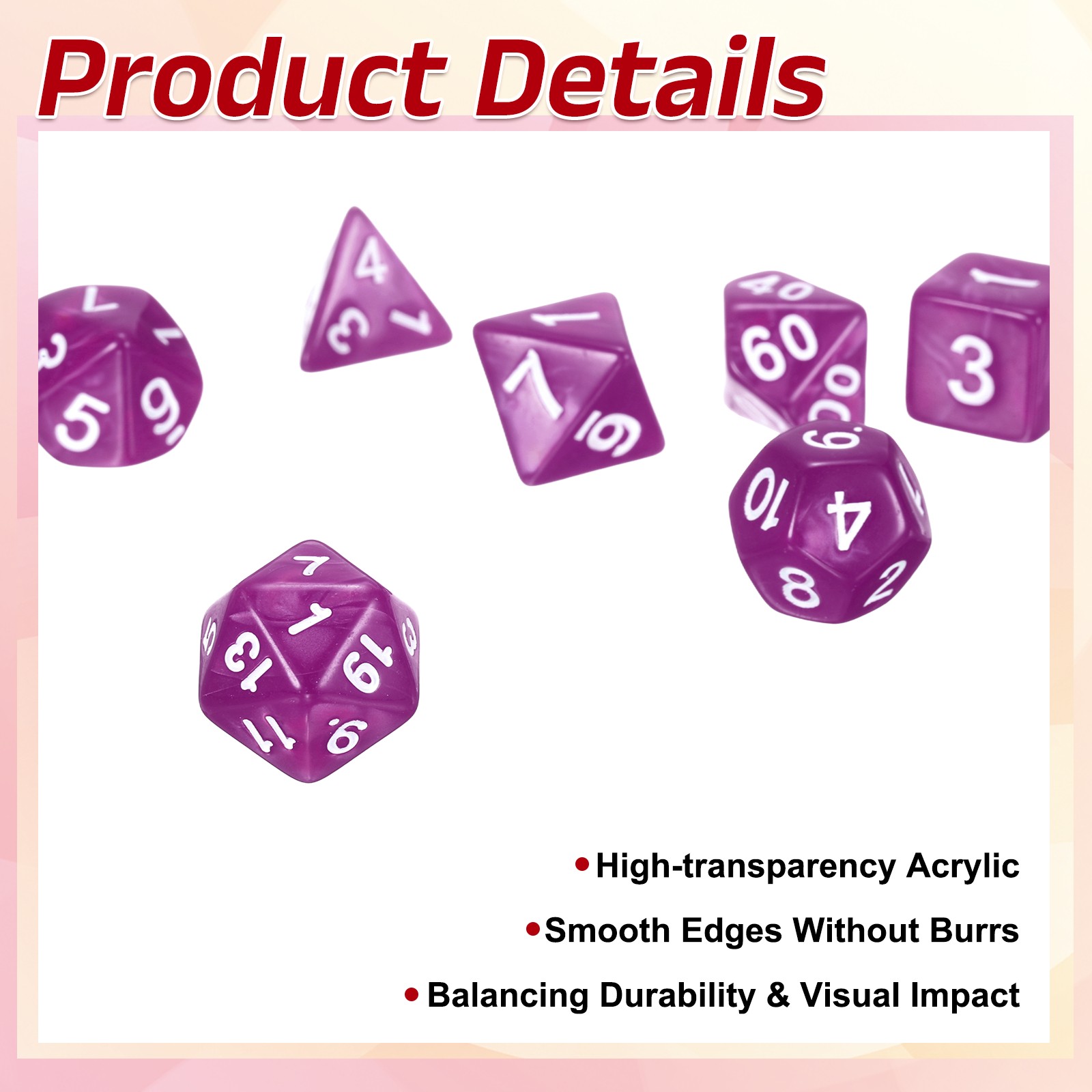 7pcs polyhedral dice set for DND role-playing games, red pink beaded pattern