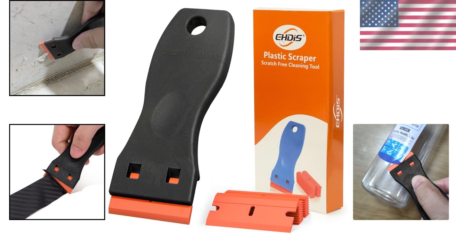 Ergonomic 1.5" Plastic Razor Scraper Tool with 10 Blades for Adhesive Removal