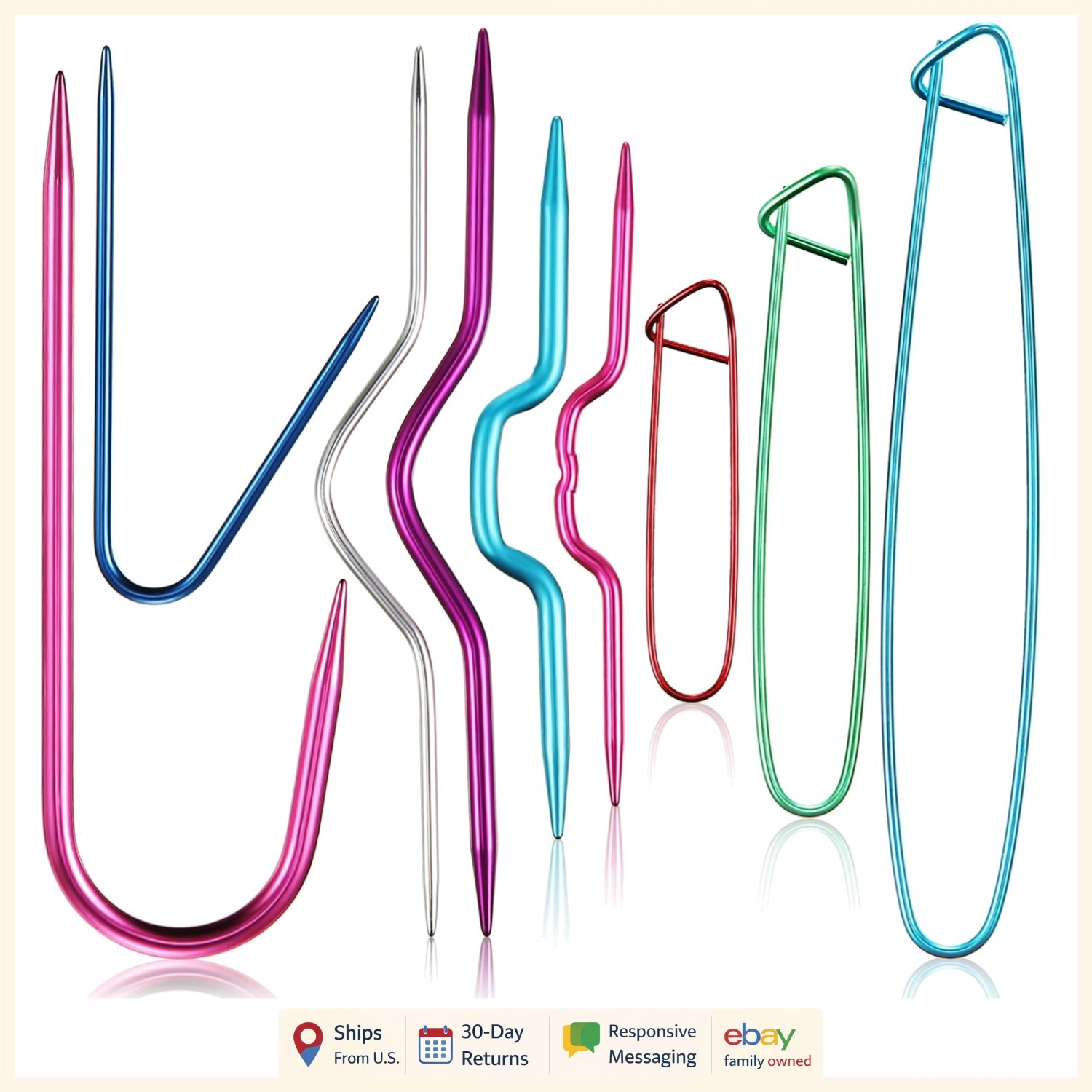 9-Piece Aluminum Cable Stitch Holders in Multiple Colors for Knitting Projects