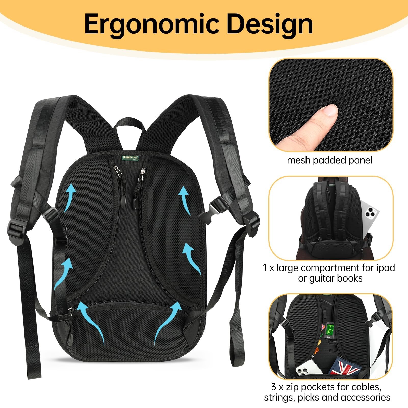 Guitar Hard Case Backpack Carrying System - Black