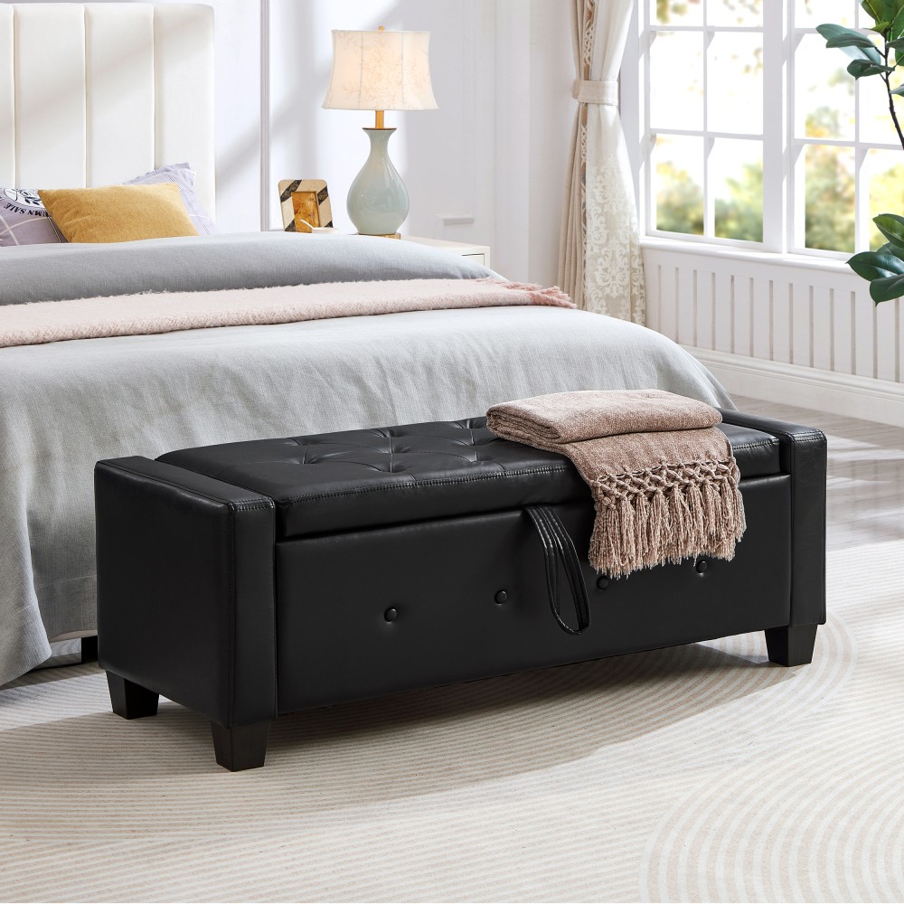 48-inch Storage Stool W Storage Function Faux Leather Quilted Upholstered Stool