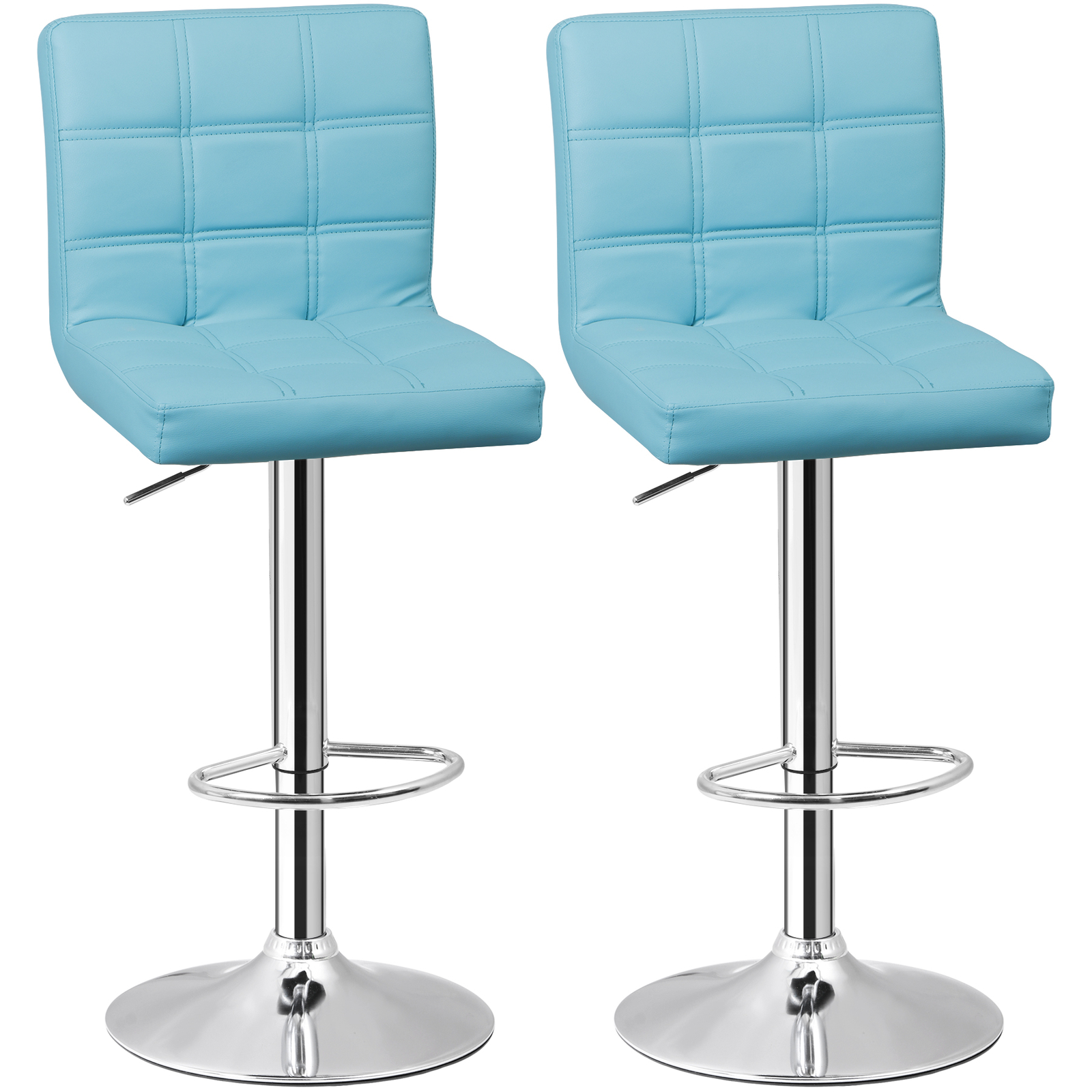 2PCS Bar Stools Blue PU Leather Height Adjustable Swivel Barstools Armless