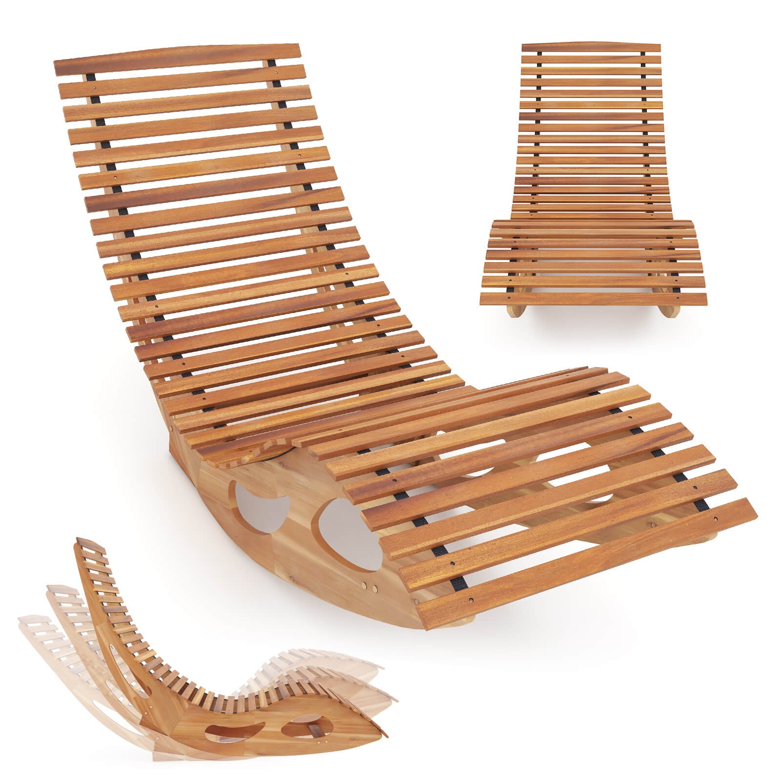 Outdoor Chaise Lounge with High Back Slatted Seat Stopper Outside Wood Rocker