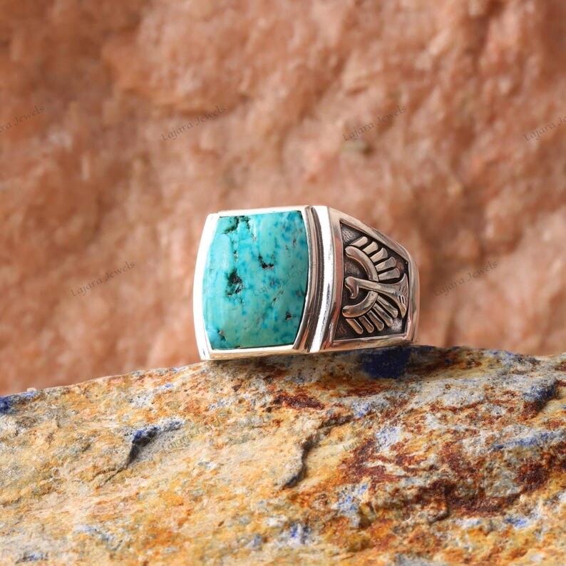 Raw Tibetan Turquoise Ring 925 Silver Ring Thunderbird Ring Men Signet Ring