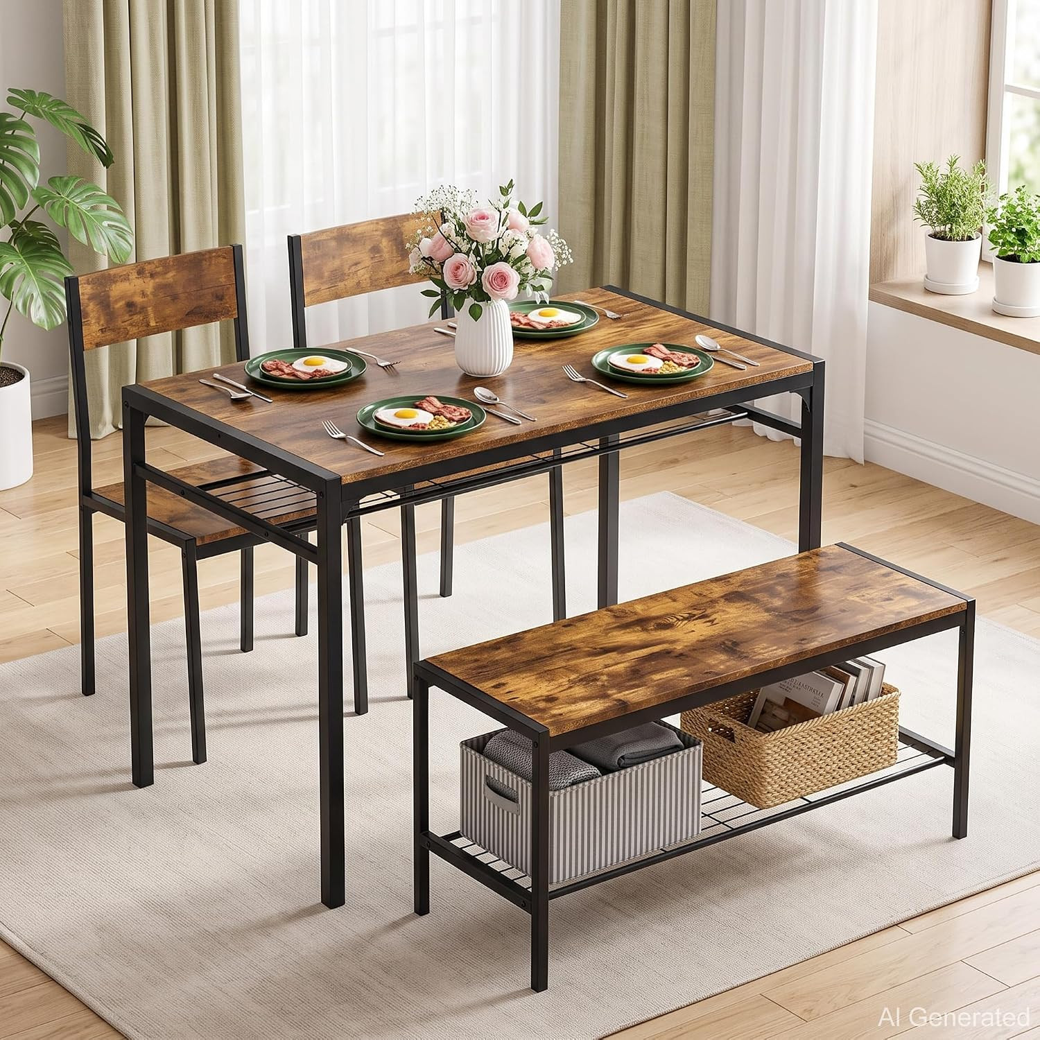 Kitchen Dining Room Table with 2 Chairs & Bench, Compact Space-Saving Design, Ea