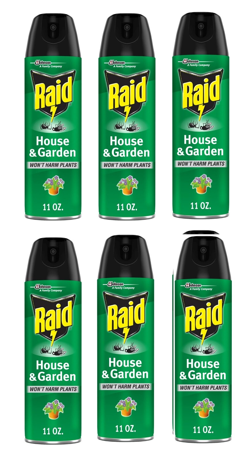 6 Pack Raid House & Garden Insect Killer Spray- In/Outdoor Plant-safe Size 11 oz