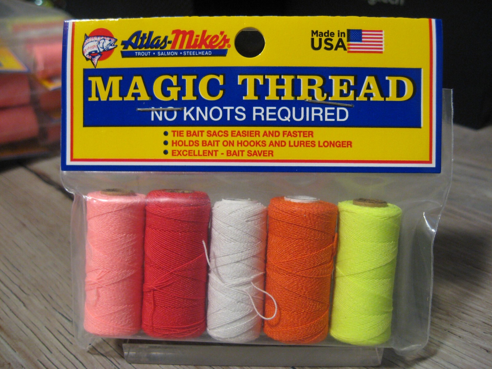 5 Assorted Atlas Mike's 100' Magic Thread Rolls - Spawn Net Tying Egg Sac Bait