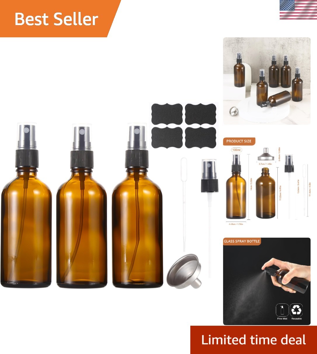 Versatile 100ml Refillable Amber Glass Spray Bottles - 3 Pack with Accessories