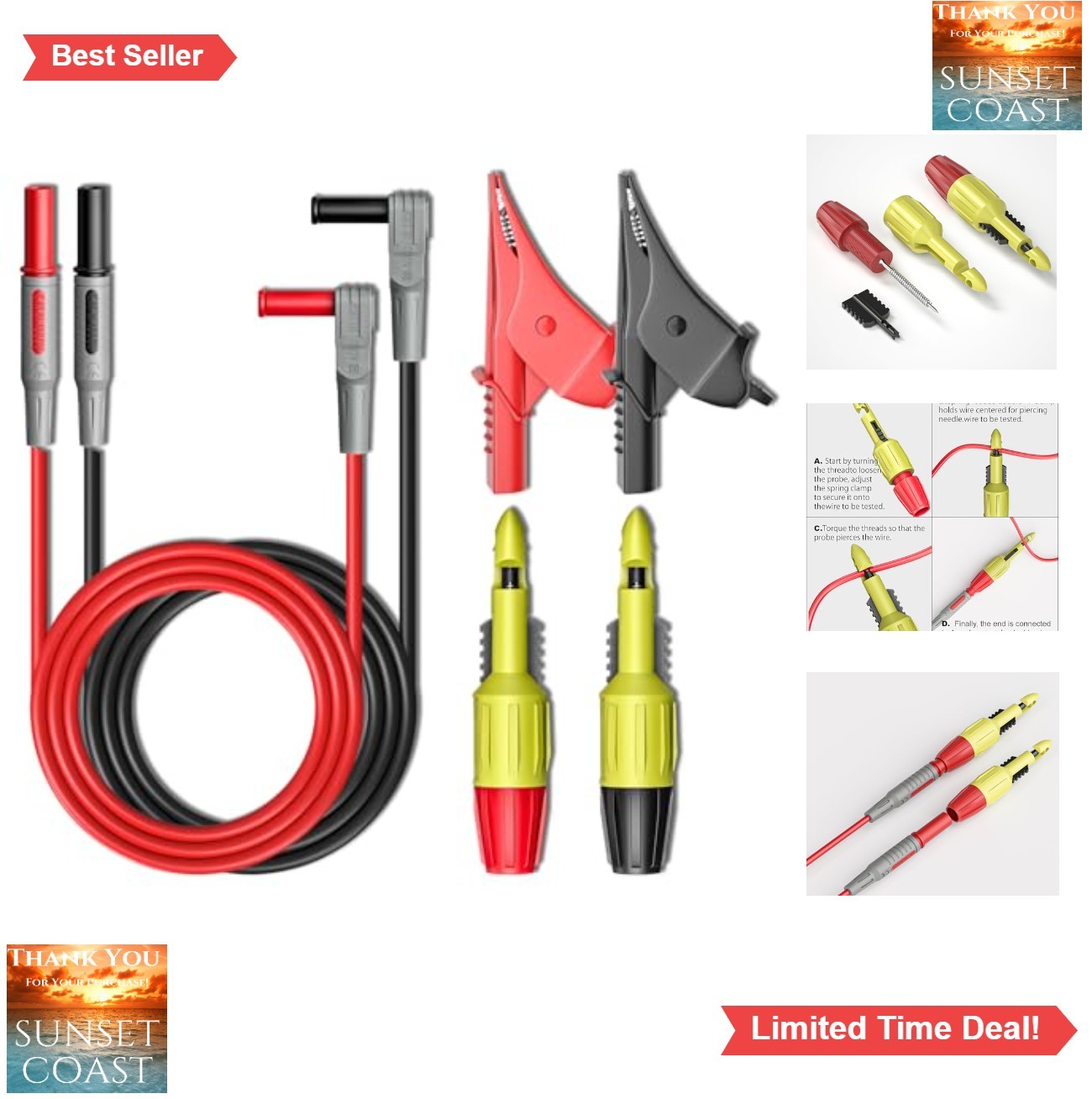 Multimeter Test Leads Kit 6 Pcs Alligator Clips Wire Piercing Probes 1000V 10A
