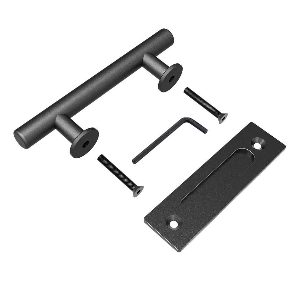 Sliding Barn Door Handle Pull and Flush Hardware Set Flat Back-Plate Matte Black