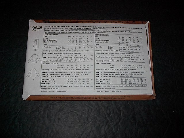 Simplicity Pattern 9645 Slim Skirt and Unlined Jacket Size 12 Uncut