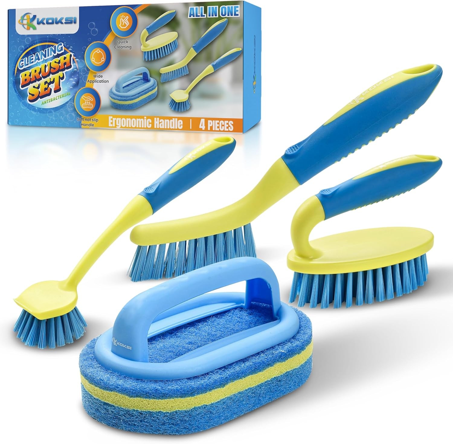Scrub Brush Set 4-Piece All Purpose Bathroom Kitchen Deep Cleaning