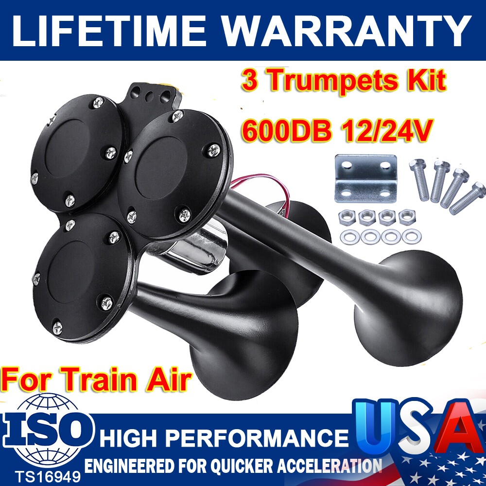 600DB Train Horn Super Loud 3 Trumpet Air Horn Kit For Semi Truck Boat Van Car