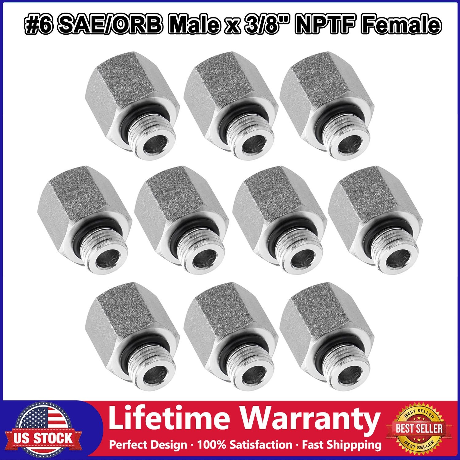 10Pack Hydraulic Adapter Fittings: #6 SAE/ORB Male x 3/8" NPTF Female with Cover