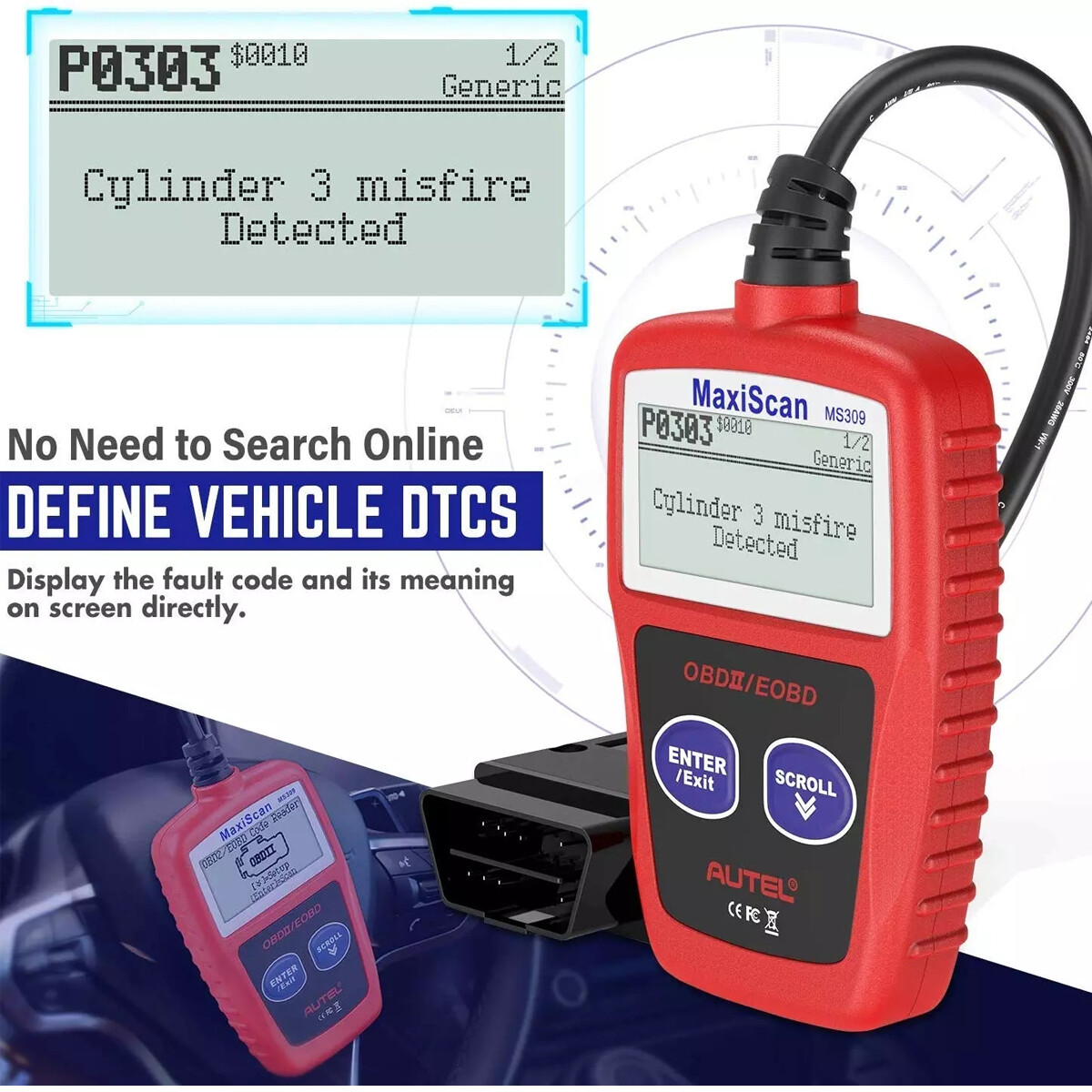 MS309 Universal Car Engine Fault Code Reader, Diagnostic Scan Tool OBD2