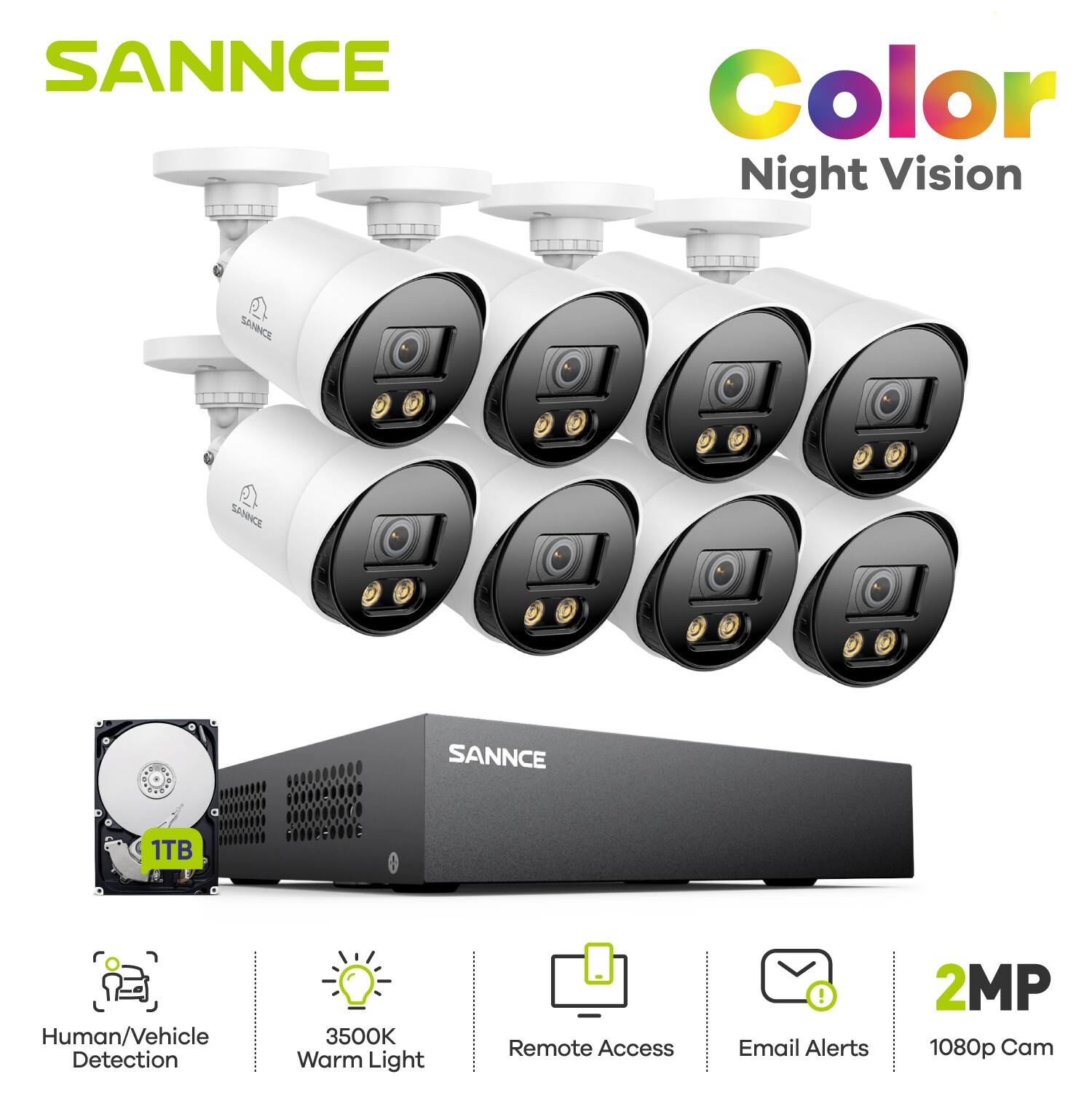 SANNCE 8CH DVR HD 1080P Full Color Night Vision CCTV Security Camera System 1TB