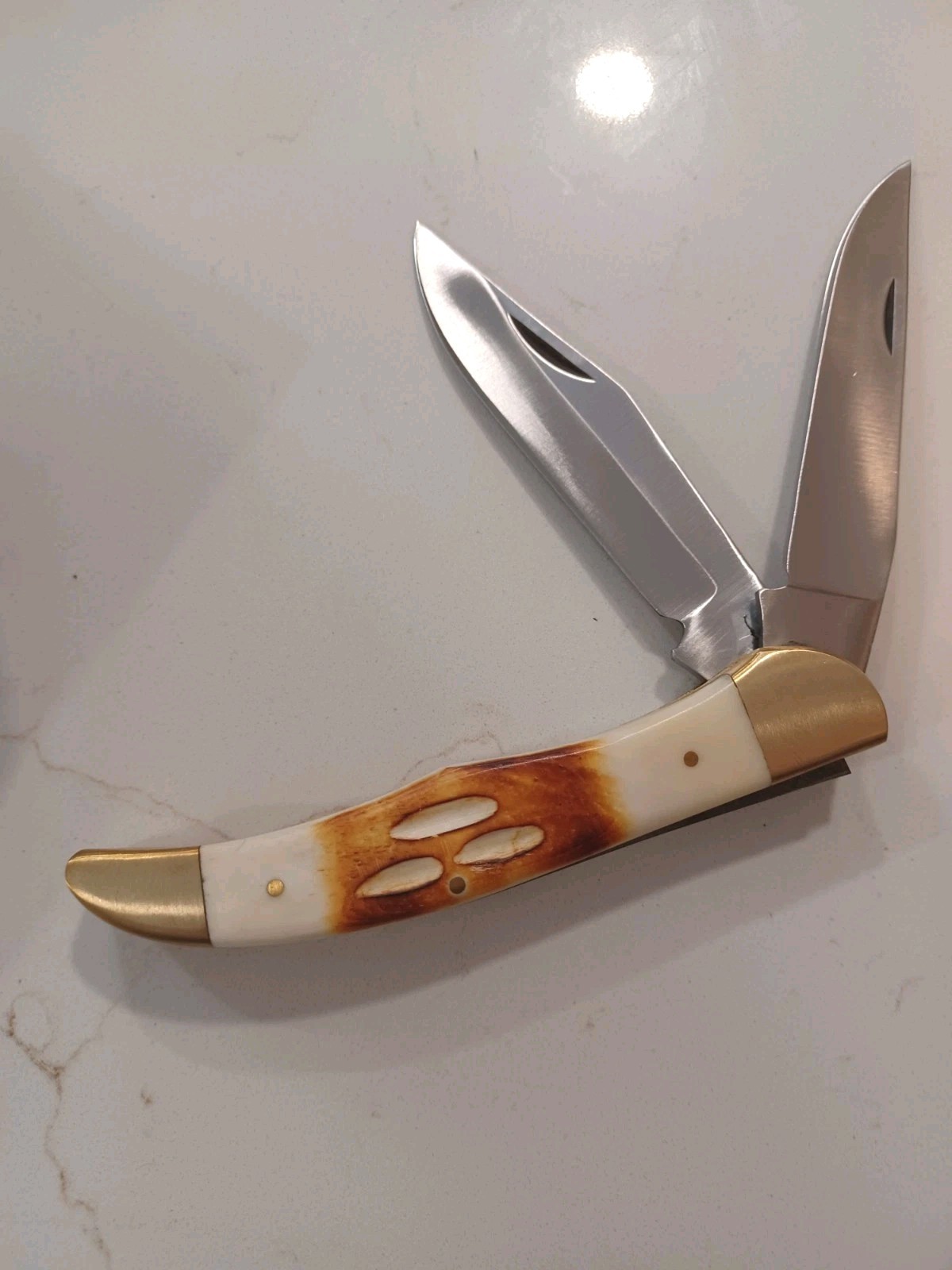 Copperhead Folder Bone Handle Brass Bolster 2 Blade Leather Sheath Well Made.