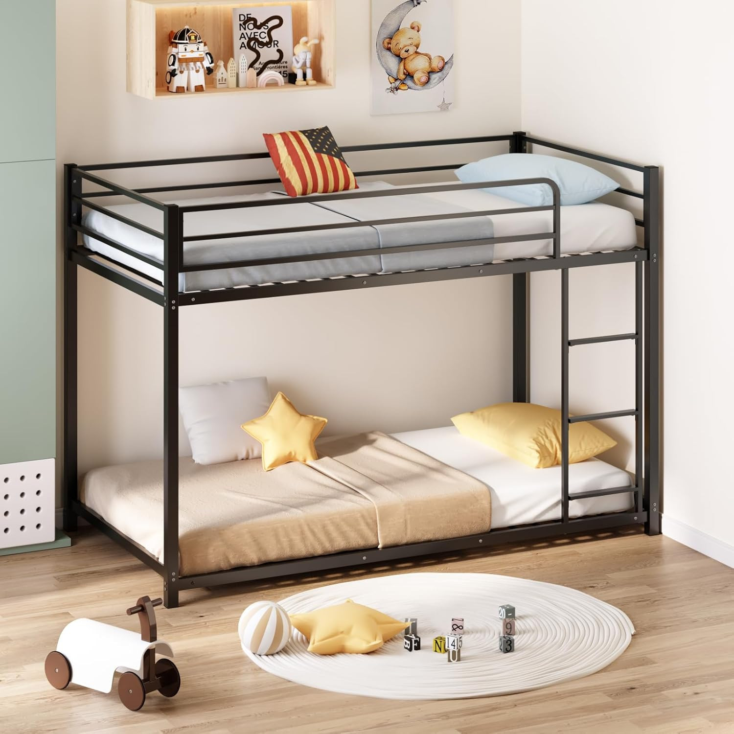 Bunk Bed Twin over Twin, Metal Twin Size Bed Frame with Safety Guardraild for Bo