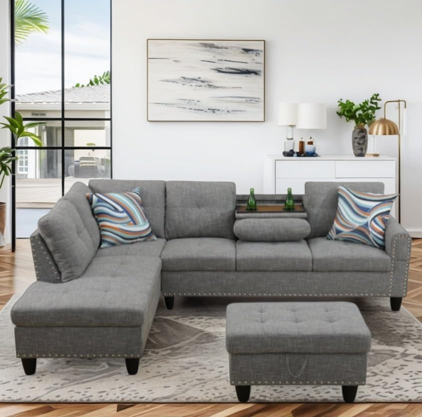97.5" Linen L Shaped Couch with Left Chaise & Cup Holder, Sectional Sofas Modula