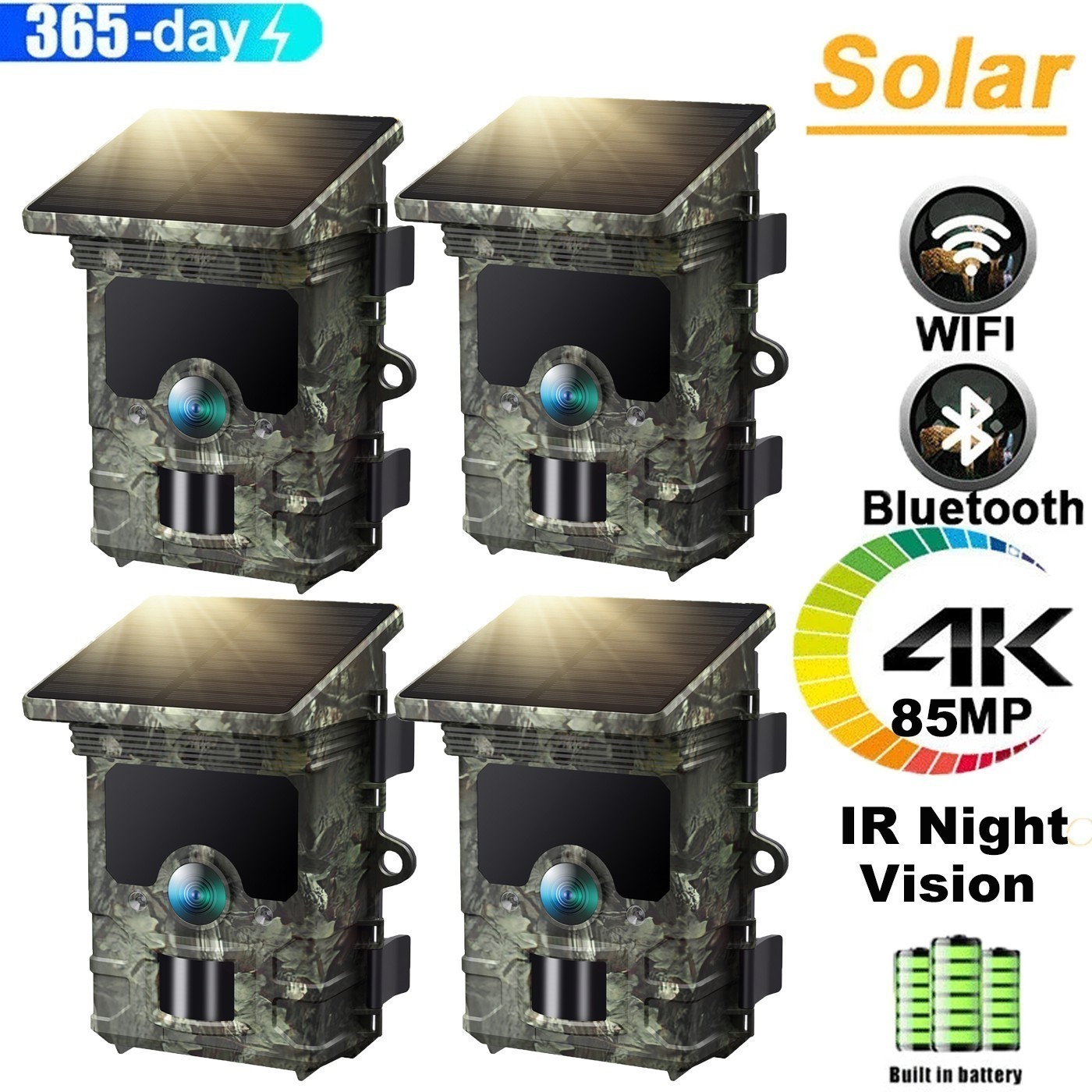 Solar Powered Trail Camera 4K 85MP WiFi Bluetooth Wildlife Hunting Game Camera