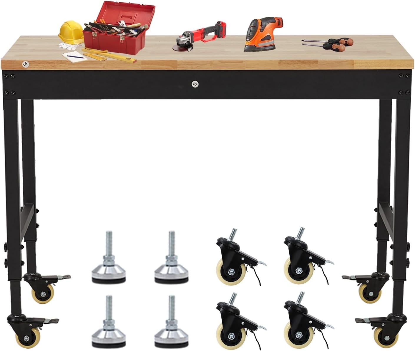 48"x24" Adjustable Height Workbench, Rubber Wood Tabletop Work Table with Wheels