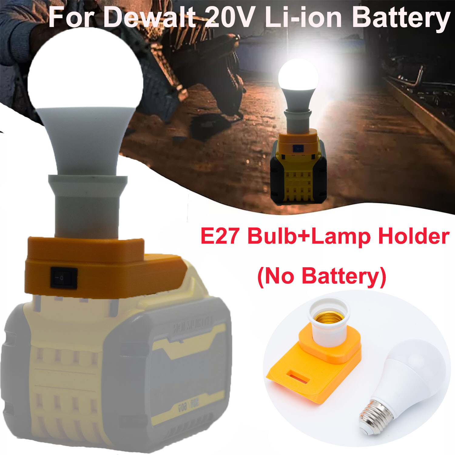 LED Work Light Portable E27 Bulb Lamp For Dewalt 20V Lithium-ion Battery Powered