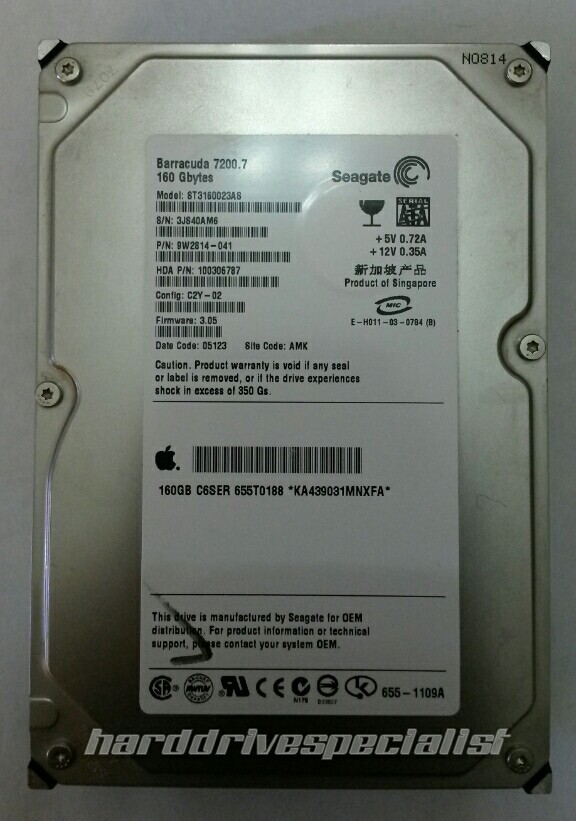 Seagate ST3160023AS 160GB SATA P/N:9W2814-041 Config:C2Y-02 F/W:3.05 Site:AMK