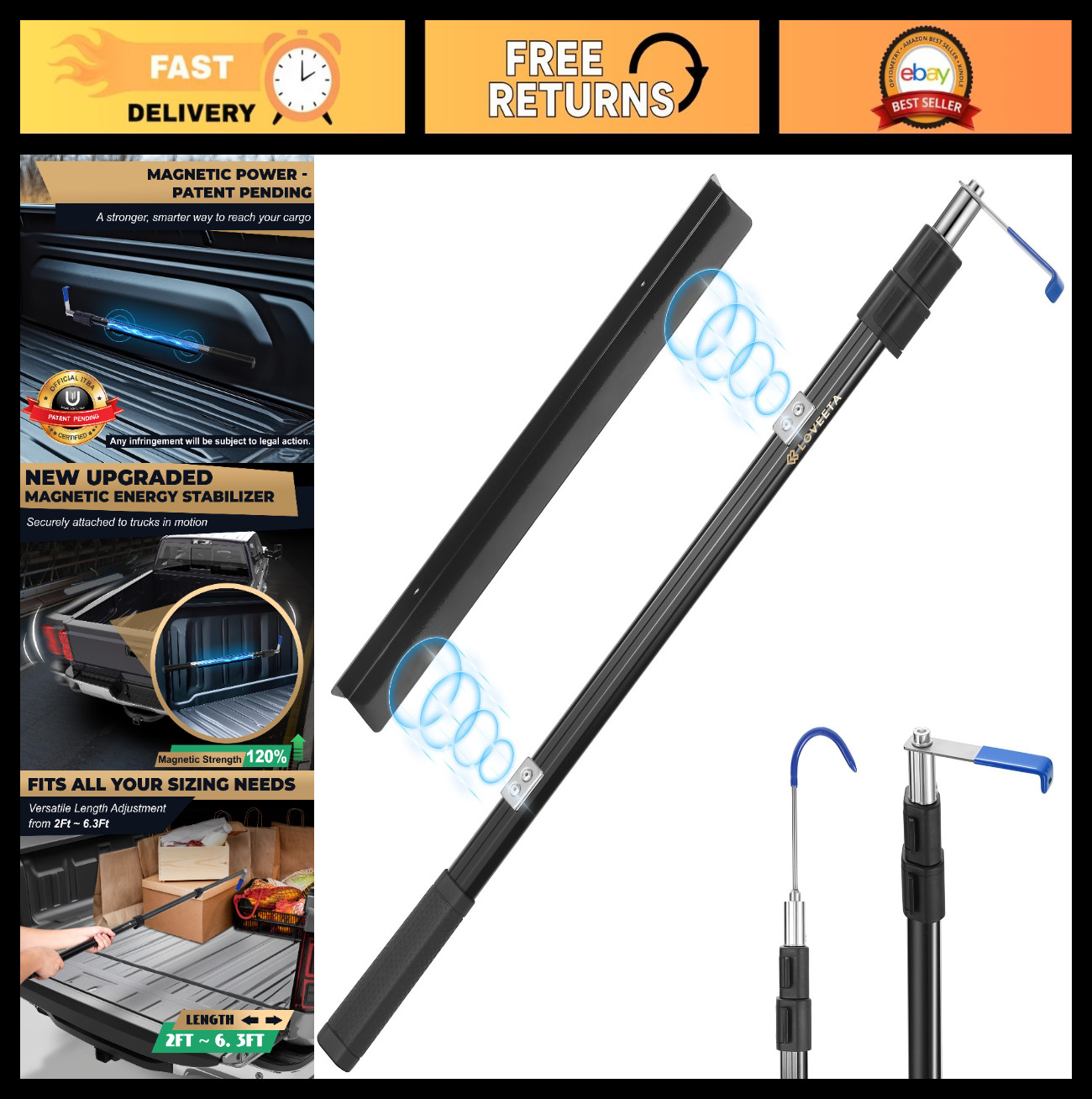 6.3 Ft Magnetic Cargo Grabber Tool - Extendable Pickup Truck Bed Accessory, 2 Ho
