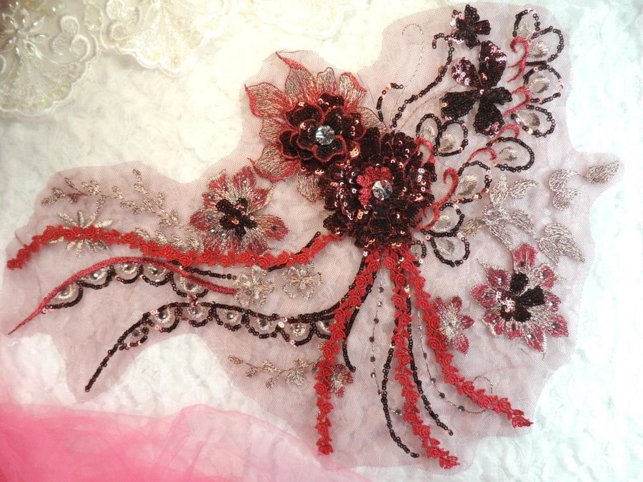 Embroidered 3D Applique Burgundy Floral Sequin Patch 14" (DH75)