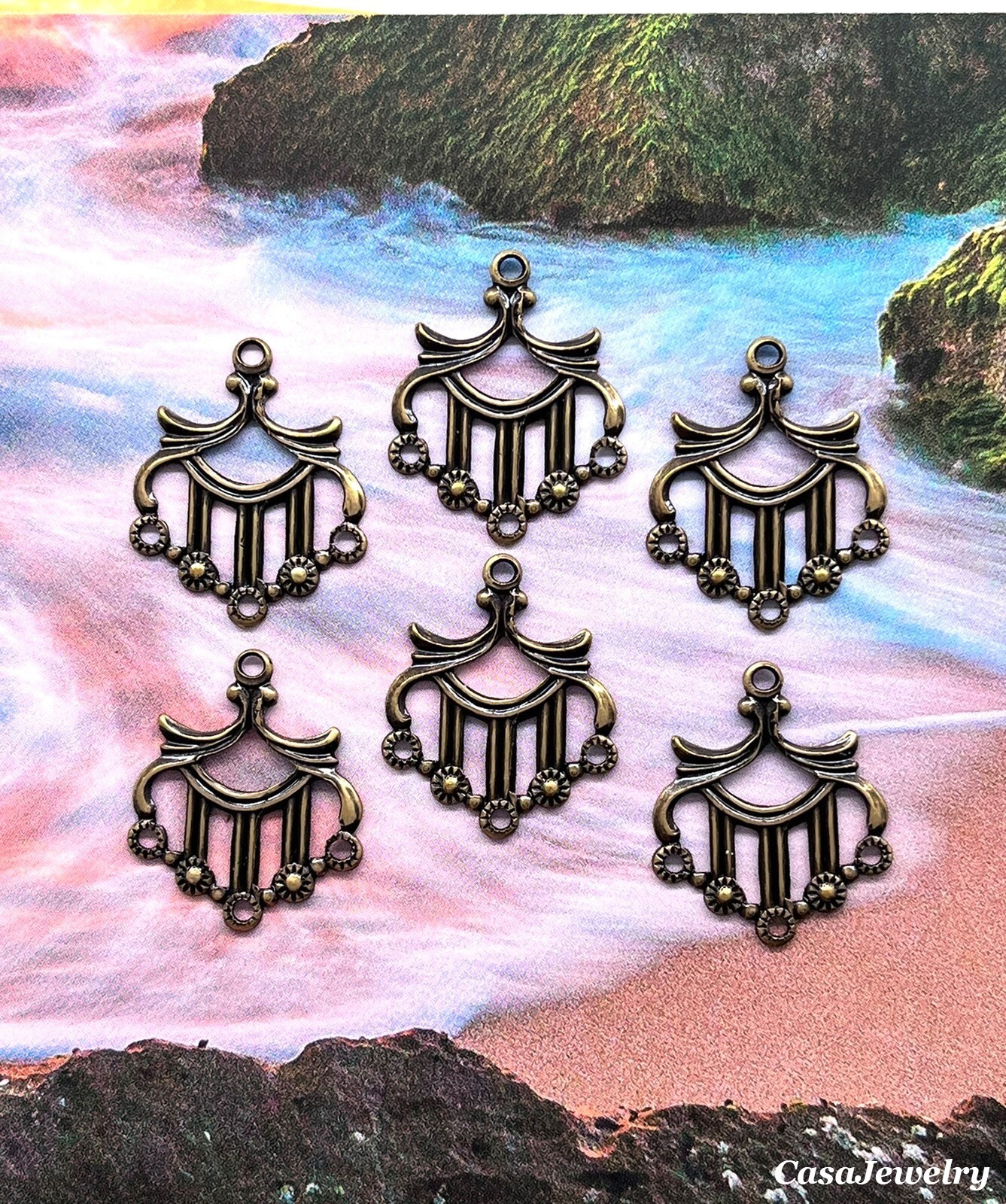#2177 ANTIQUED GOLD 3 DROP CHANDELIER COMPONENT W/TOP HANG RING - 6 Pcs