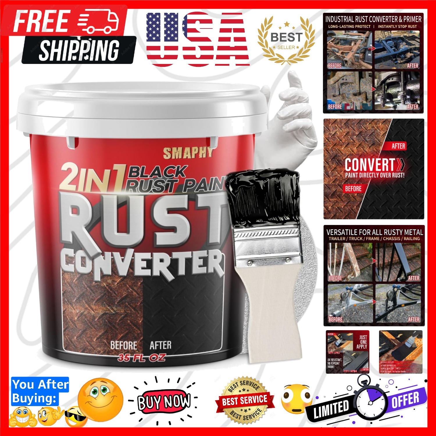 2 in 1 Rust Converter & Metal Primer, 35 oz Black Rust Reformer Paint for Met...