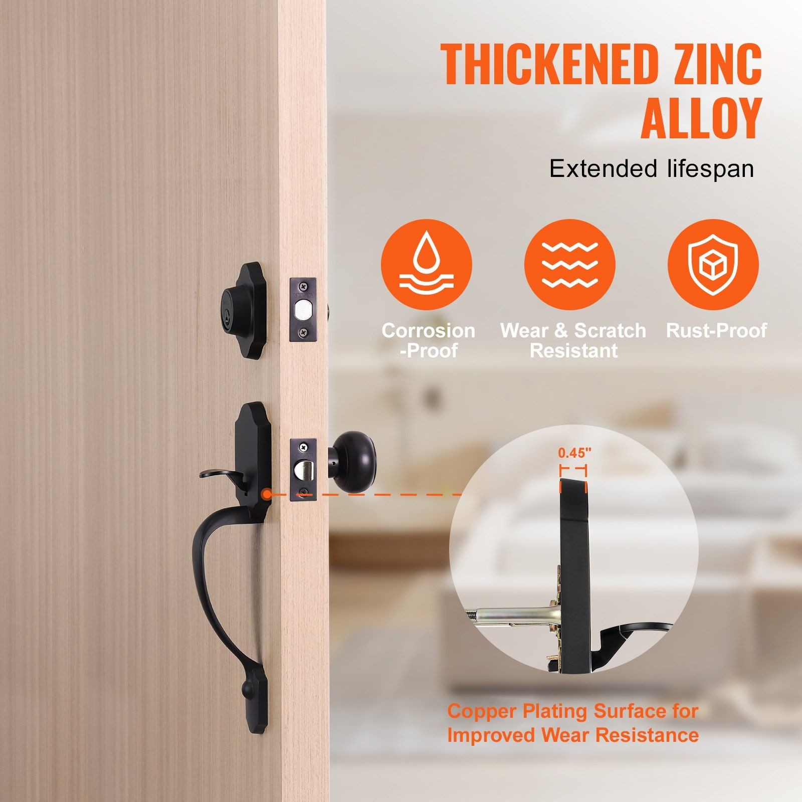 Secure Entry Handleset 7-11/16-8-13/16in Adjustable Matte Black Coating