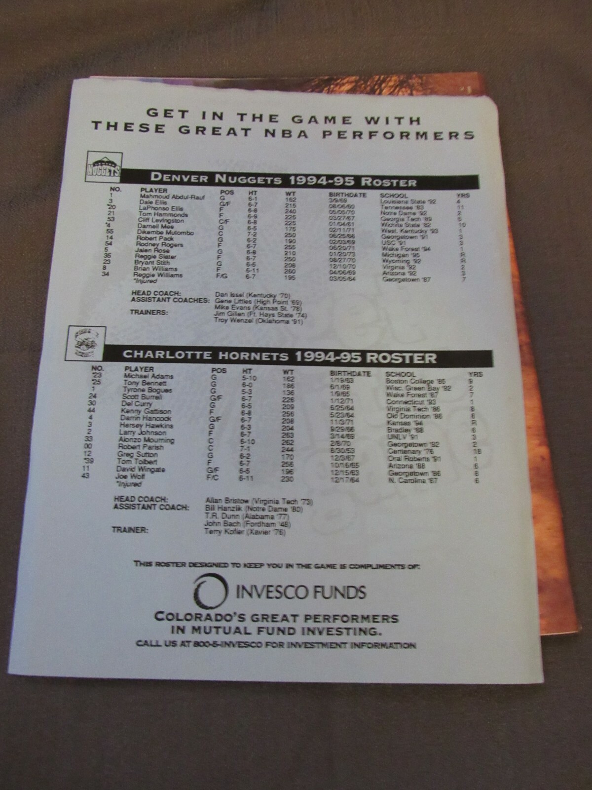 1994-95 Denver Nuggets vs. Charlotte Hornets Program Larry Johnson