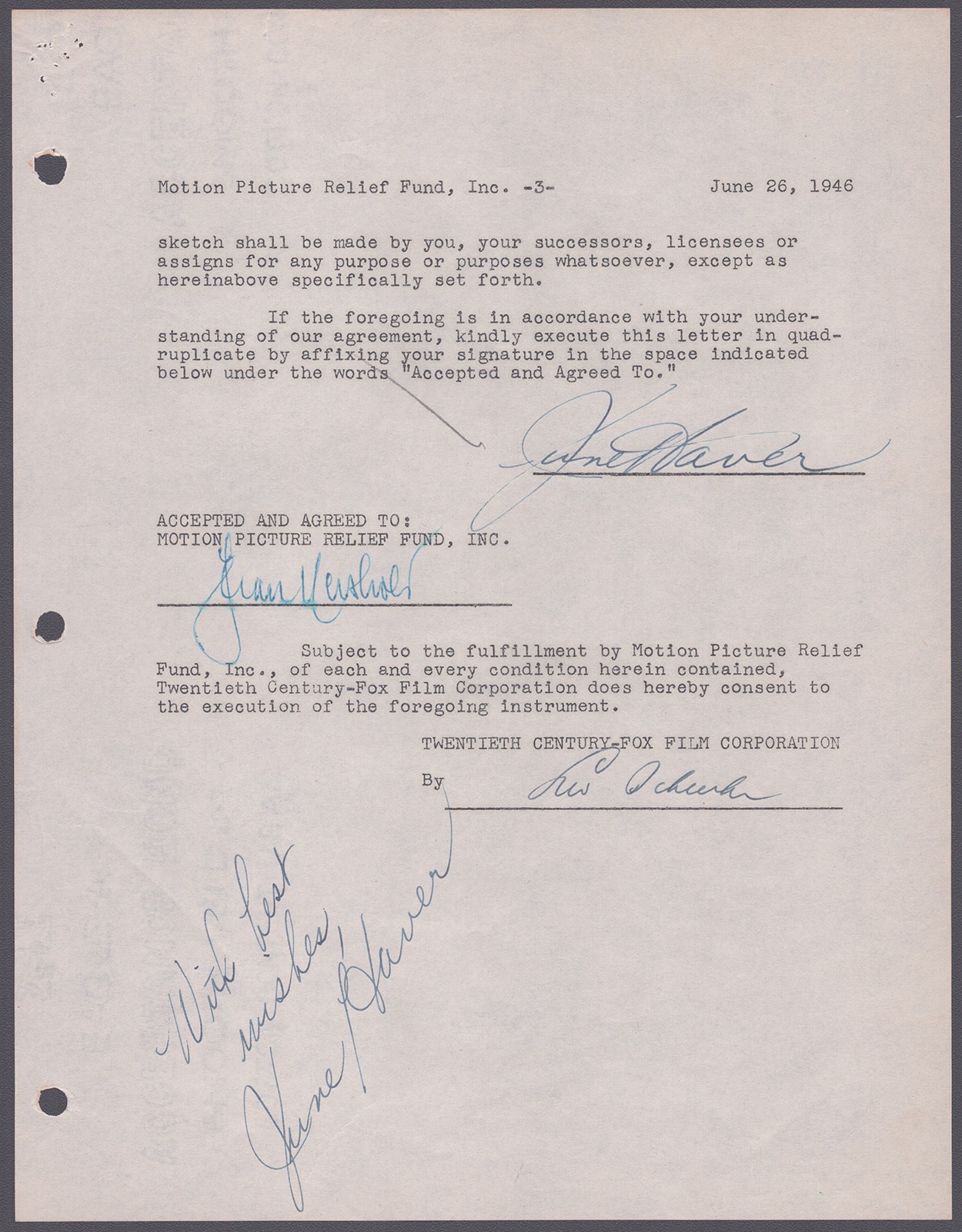 JUNE HAVER - DOCUMENT DOUBLE SIGNED 06/26/1946