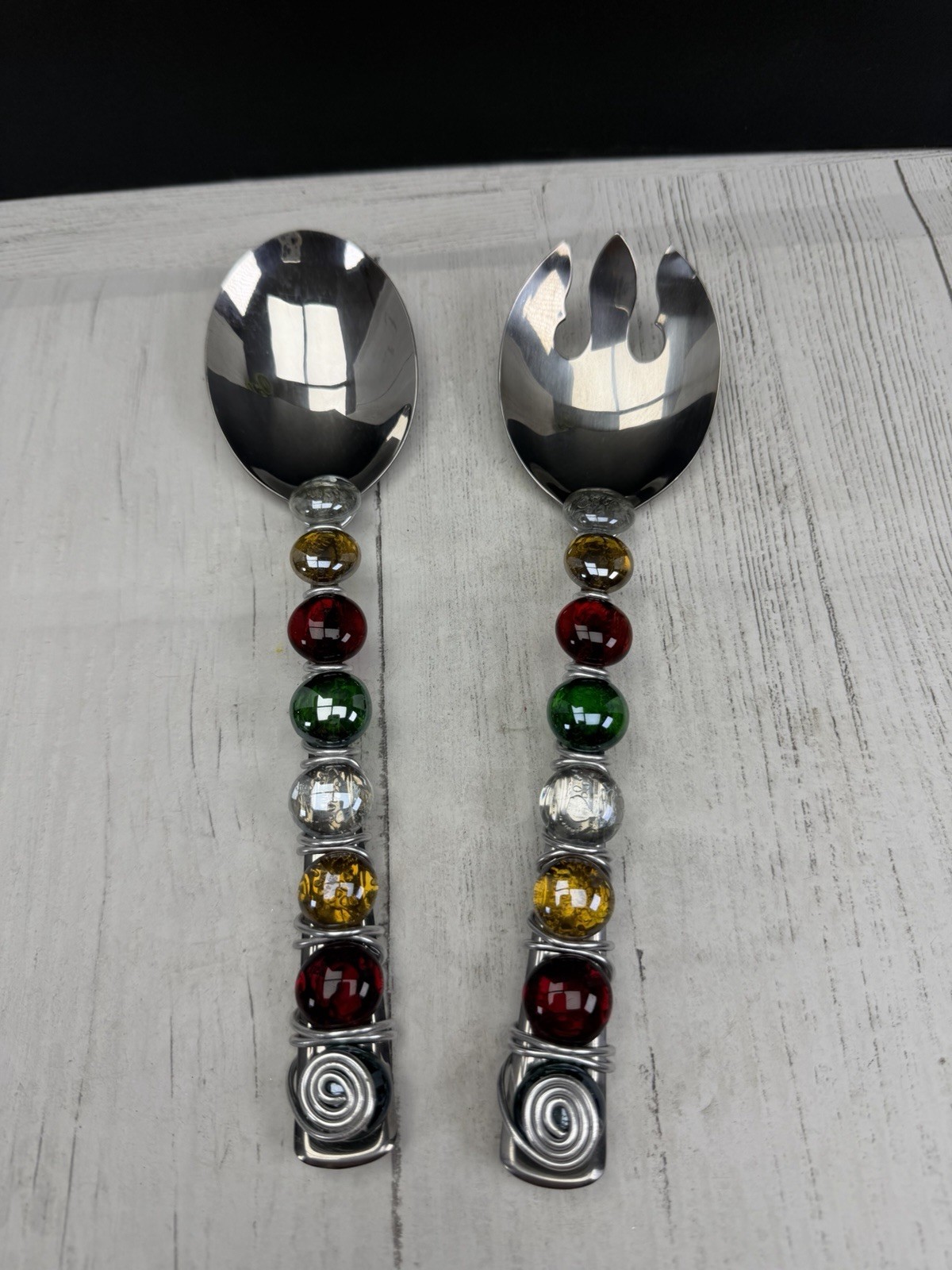 Stainless Steel Salad Servers Wire Wrapped Glass Bead Handles Set of 2
