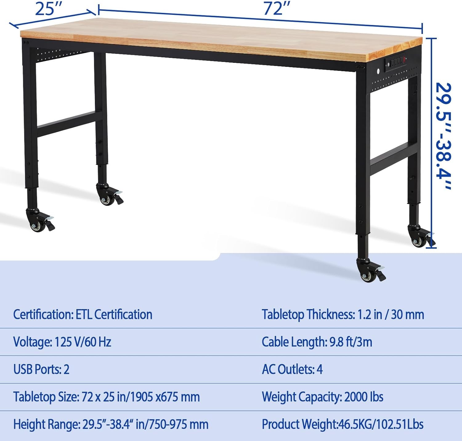 72" Adjustable Workbench, Heavy Duty Workstation with Power Outlets, 2000 LBS