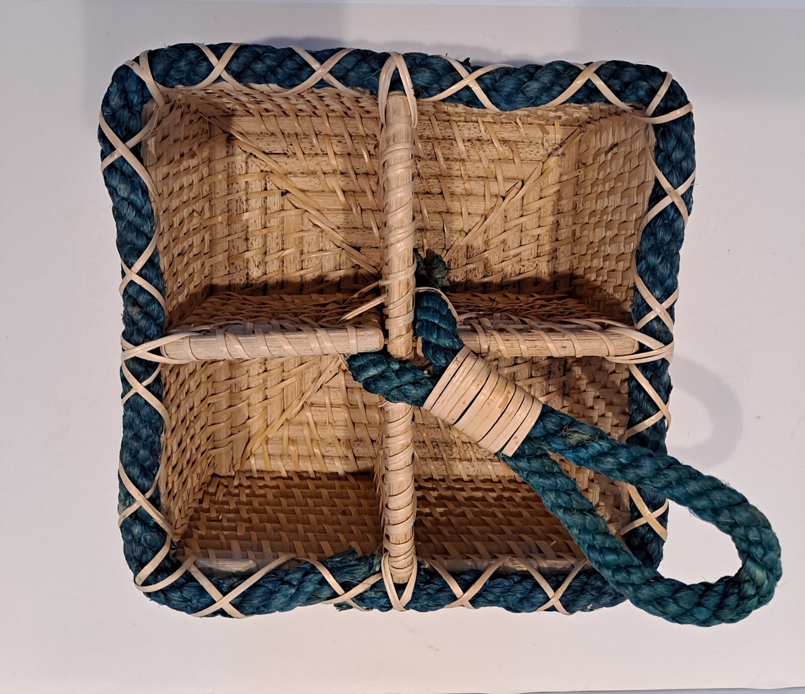 Basket Organization Four Sections Natural   Color Green Trim With Loop Handle