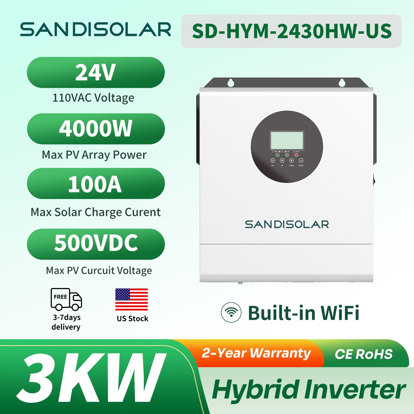 24V 3000W Solar Hybrid Inverter SANDISOLAR 100A MPPT Solar Charge Controller